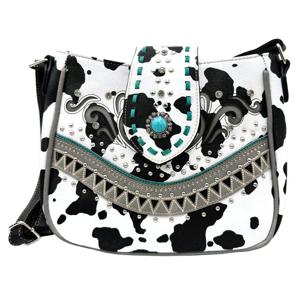 Crown Buckle Cow Print Floral Western Crossbody Bucket Bag