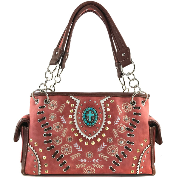 Turquoise Cross Gold Flower Women's Handbag Purse