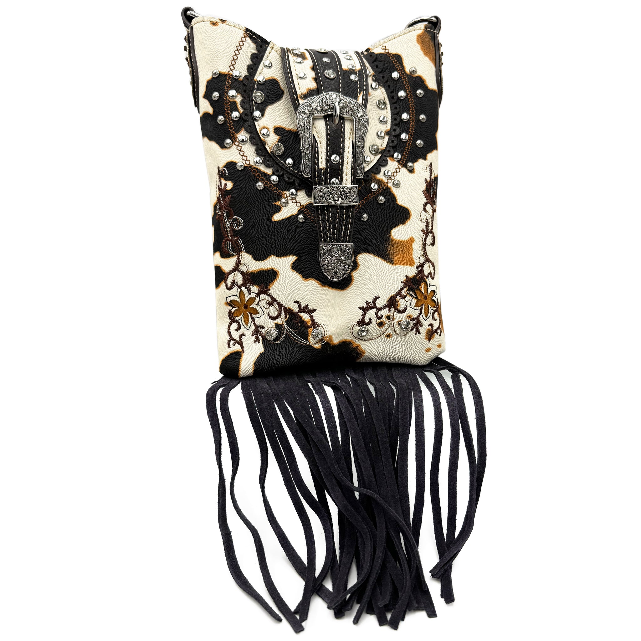 Crown Buckle Cow Print Floral Western Fringe Crossbody Bag