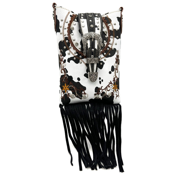 Crown Buckle Cow Print Floral Western Fringe Crossbody Bag