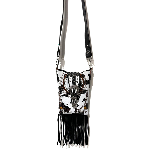 Crown Buckle Cow Print Floral Western Fringe Crossbody Bag