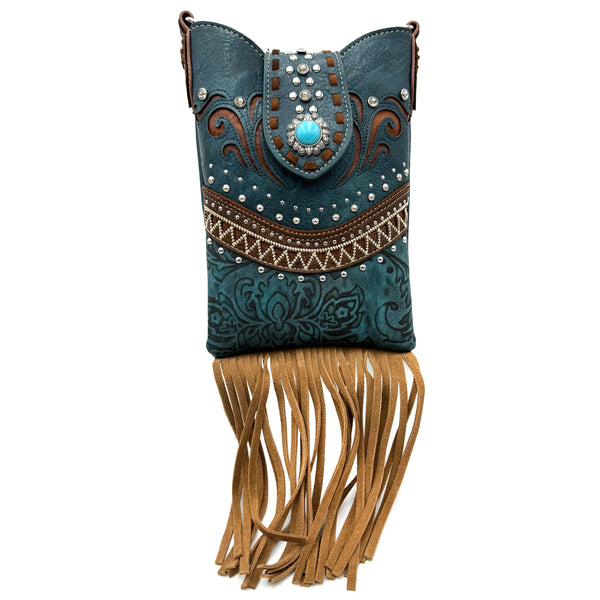 Bella Pu Leather Fringe Western Crossbody Messenger Pouch