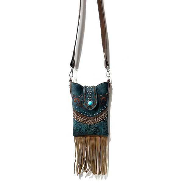 Bella Pu Leather Fringe Western Crossbody Messenger Pouch