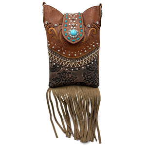 Bella Pu Leather Fringe Western Crossbody Messenger Pouch