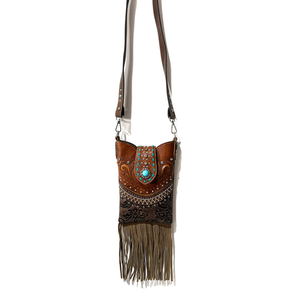 Bella Pu Leather Fringe Western Crossbody Messenger Pouch