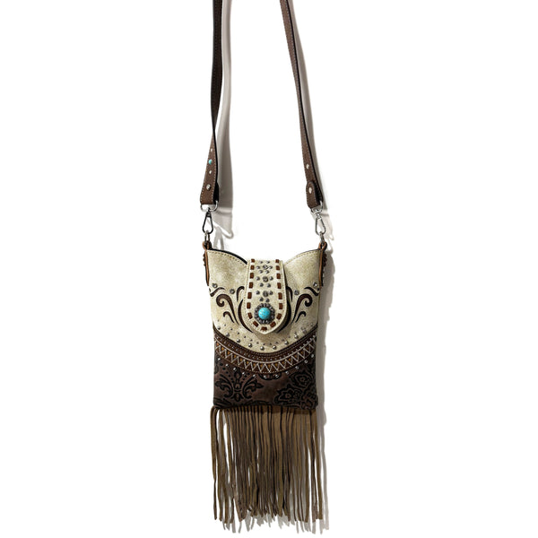 Bella Pu Leather Fringe Western Crossbody Messenger Pouch