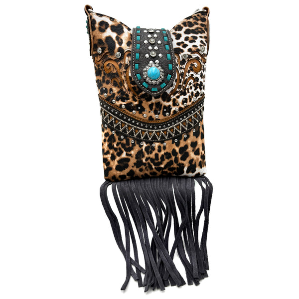 Bella Leopard Print Fringe Western Crossbody Messenger Pouch