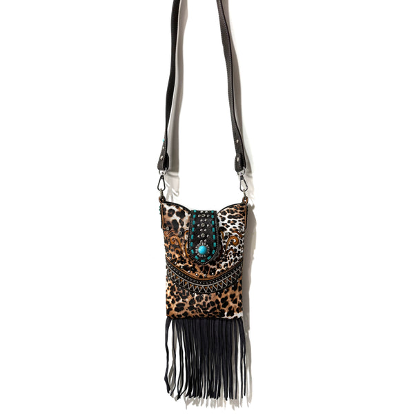 Bella Leopard Print Fringe Western Crossbody Messenger Pouch