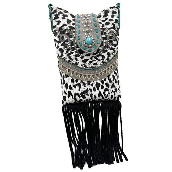 Bella Leopard Print Fringe Western Crossbody Messenger Pouch