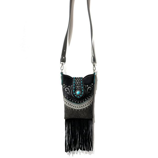 Bella Pu Leather Fringe Western Crossbody Messenger Pouch