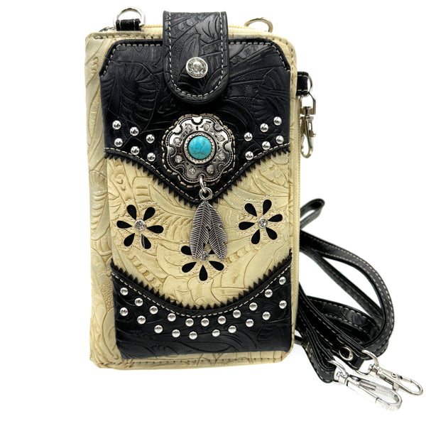 Turquoise Stone Feather Tooled Leather Western Phone Wallet