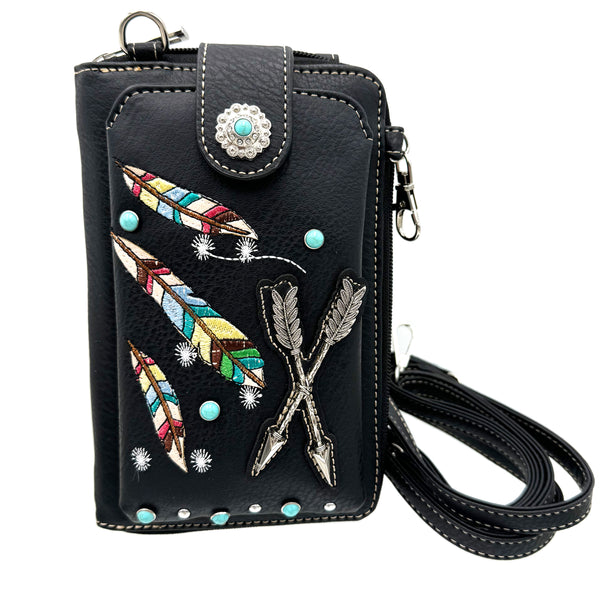 Arrows and Embroidered Feather Western Crossbody Phone Wallet