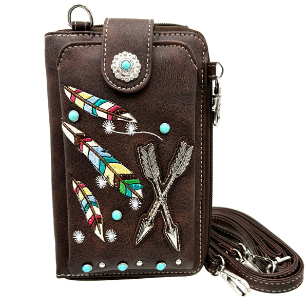 Arrows and Embroidered Feather Western Crossbody Phone Wallet