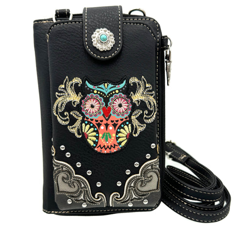 Native Colorful Owl Embroidery Crossbody Phone Wallet