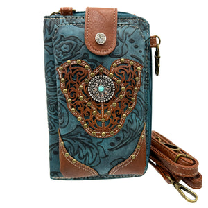 Women Western Floral Damask Medallion Crossbody Phone Wallet