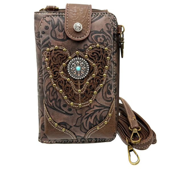 Women Western Floral Damask Medallion Crossbody Phone Wallet