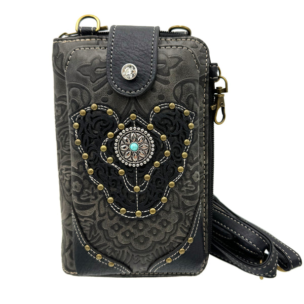 Women Western Floral Damask Medallion Crossbody Phone Wallet