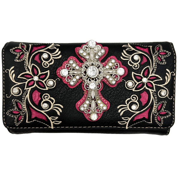 Rhinestone Cross Women Floral Embroidery Crossbody Wallet