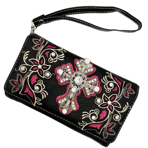 Rhinestone Cross Women Floral Embroidery Crossbody Wallet