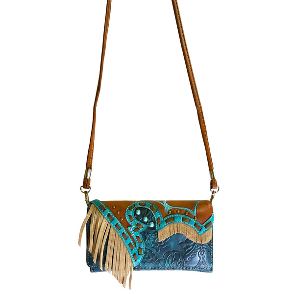 Suede Fringe Western Floral Crossbody Wallet
