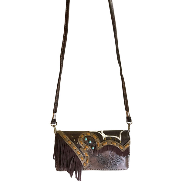 Suede Fringe Western Floral Crossbody Wallet