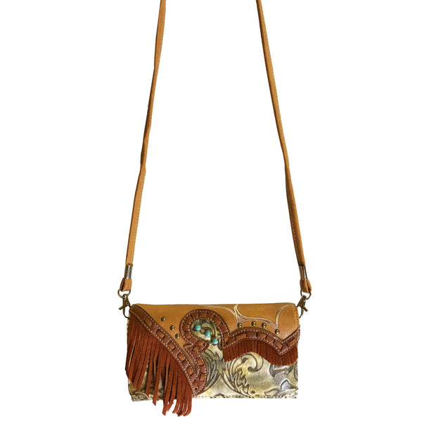 Suede Fringe Western Floral Crossbody Wallet