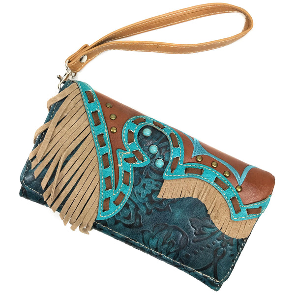 Suede Fringe Western Floral Crossbody Wallet
