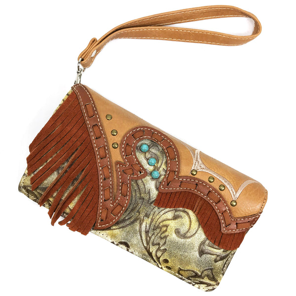 Suede Fringe Western Floral Crossbody Wallet