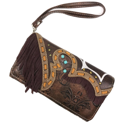 Suede Fringe Western Floral Crossbody Wallet