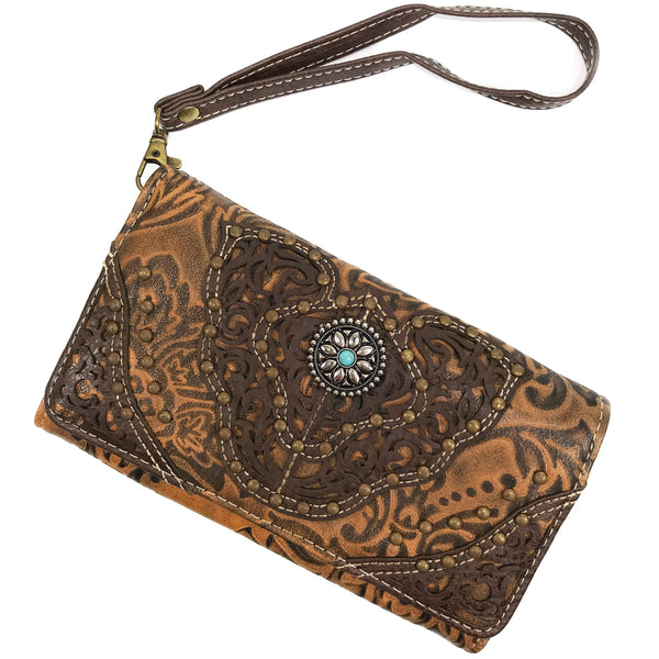 Western Medallion Concho Trifold Crossbody Wallet