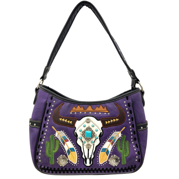 Longhorn Feather Cactus Embroidery Hobo Purse