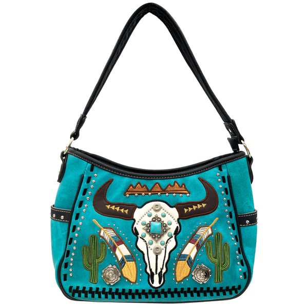 Longhorn Feather Cactus Embroidery Hobo Purse