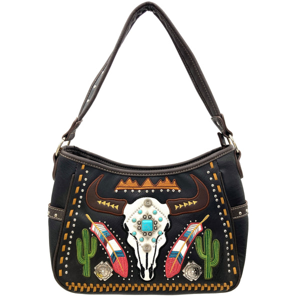 Longhorn Feather Cactus Embroidery Hobo Purse