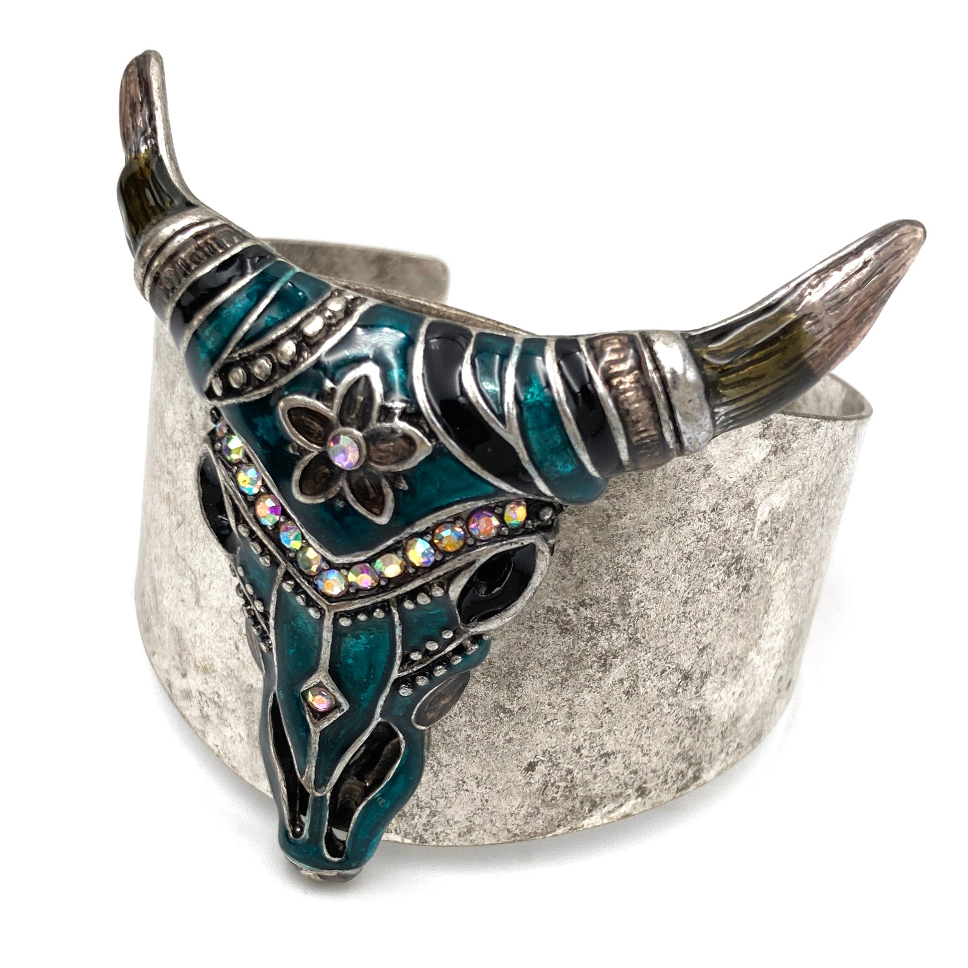 Teal Blue Rhinestone Longhorn Steer Western Wide Cuff Bracelet