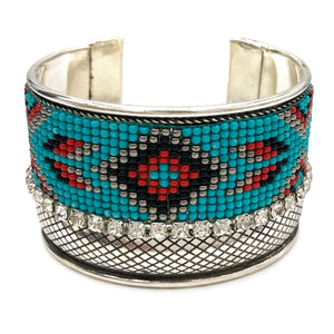 Navajo Pattern Seed Bead Silver Rhinestone Wide Metal Cuff