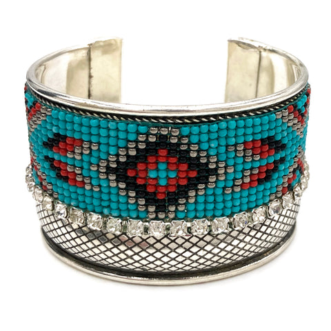 Navajo Pattern Seed Bead Silver Rhinestone Wide Metal Cuff