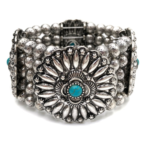 Metal Flower Concho Turquoise Western Native Chunky Stretch Bracelet