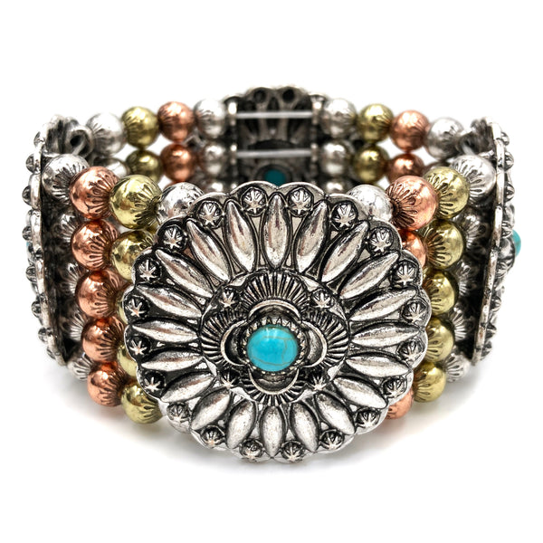 Metal Flower Concho Turquoise Western Native Chunky Stretch Bracelet