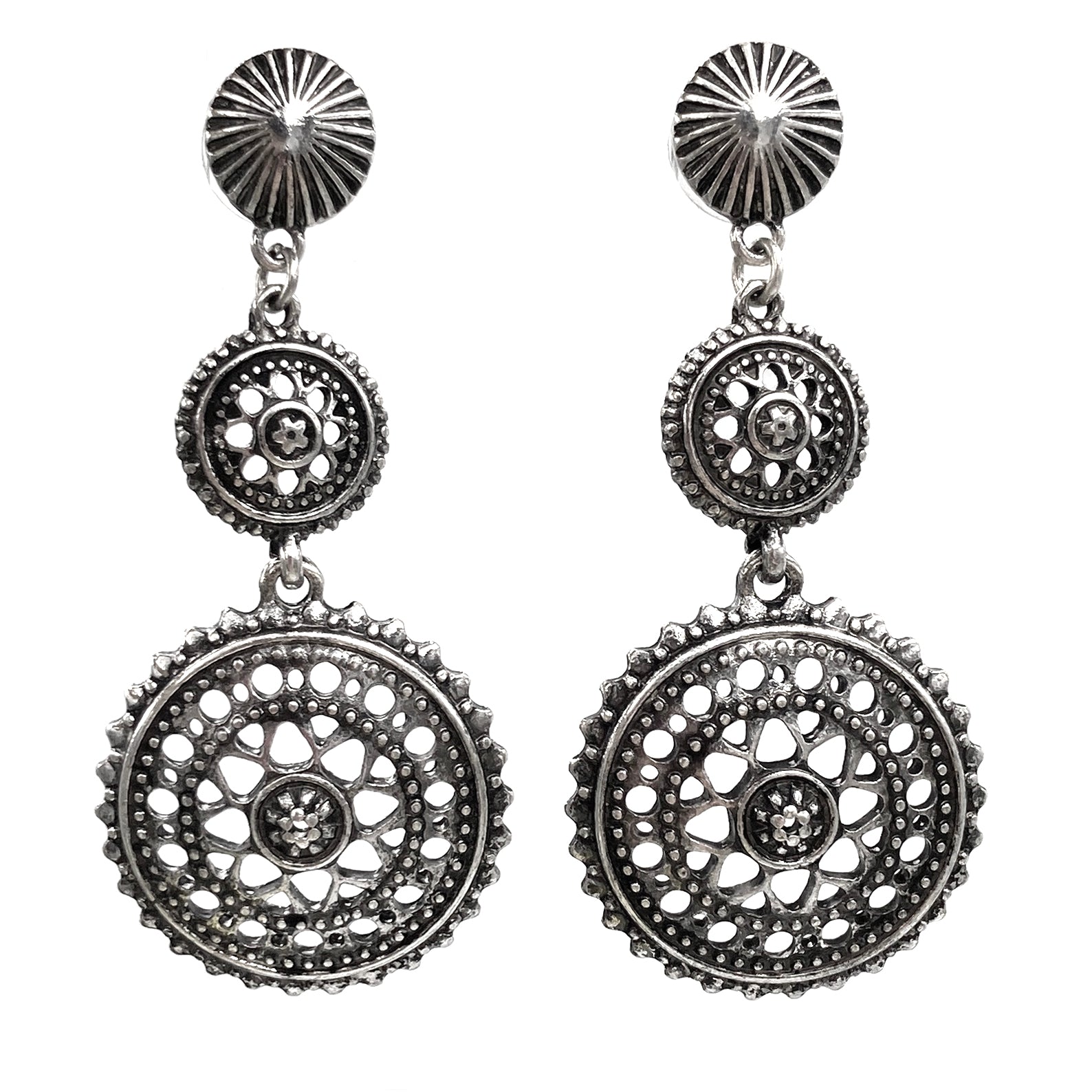 Triple Metal Conchos Dangle Earrings