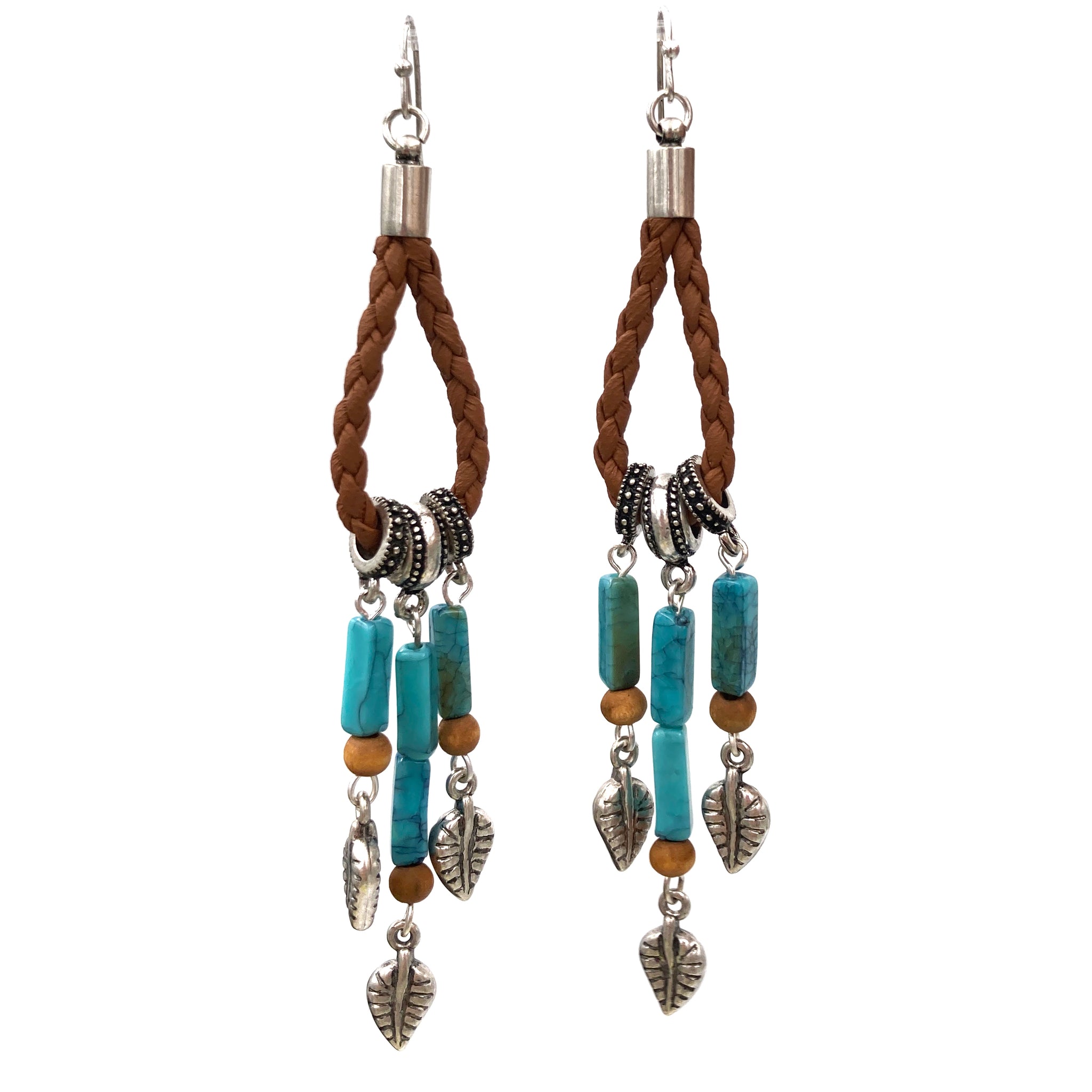 Western Braided Rope Turquoise Stone Leaf Charm Earrings