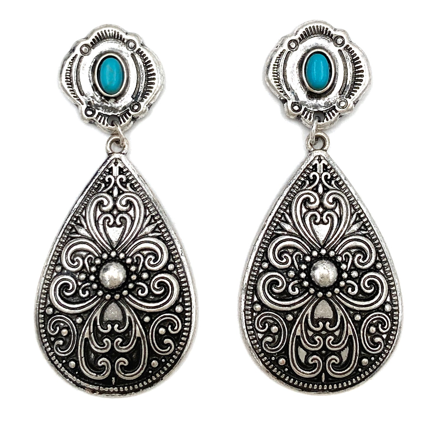 Turquoise Concho Post Filigree Teardrop Earrings