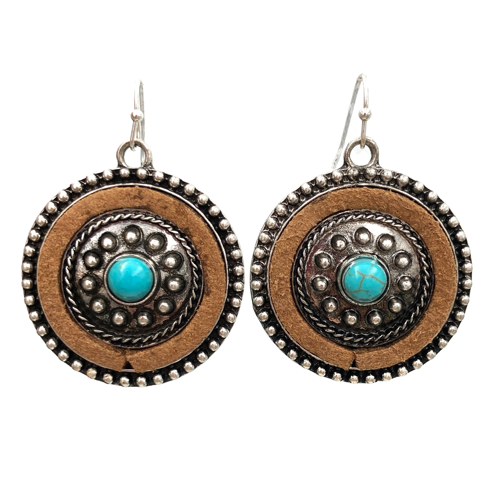 Turquoise Cabochon Surrounded by Suede on Circle Concho Earrings