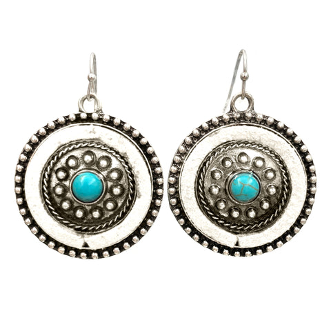 Turquoise Cabochon Surrounded by Suede on Circle Concho Earrings