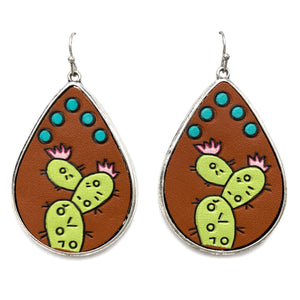 Cactus Art Teardrop Leather Earrings