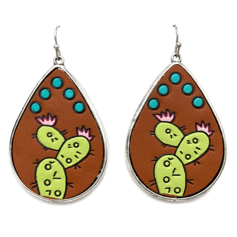 Cactus Art Teardrop Leather Earrings