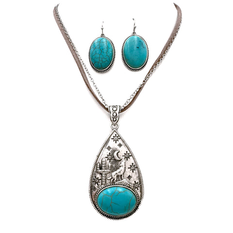 Native Wolf Moon Turquoise Necklace Earrings Set