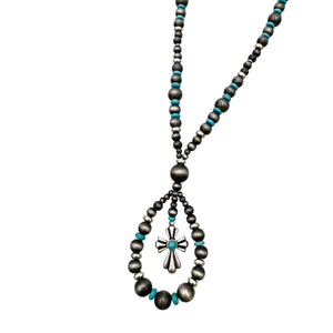 Cross Charm Silver Navajo Beads Necklace