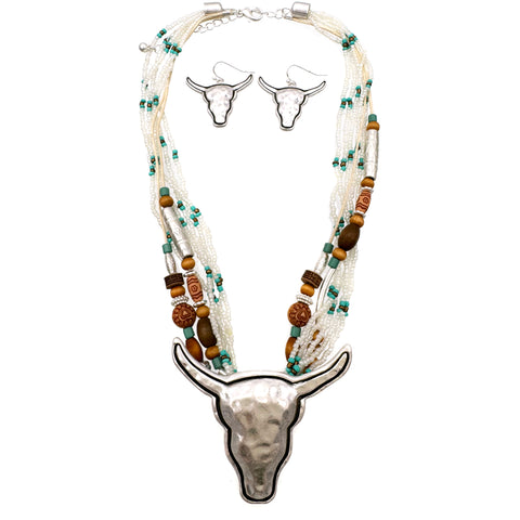 White Turquoise Navajo Bead Longhorn Pendant Necklace