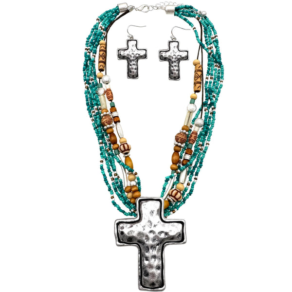 White Turquoise Navajo Bead Cross Pendant Necklace