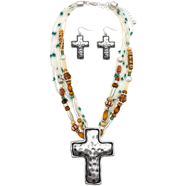 White Turquoise Navajo Bead Cross Pendant Necklace